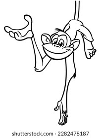 Cartoon funny monkey chimpanzee hanging upside down on a tree branch outlined