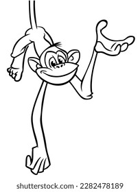 Cartoon funny monkey chimpanzee hanging upside down on a tree branch outlined