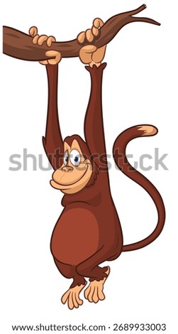Cartoon funny monkey chimpanzee hanging hand on the tree. Vector illustration isolated on white