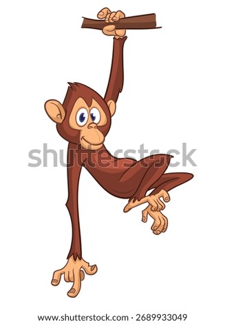 Cartoon funny monkey chimpanzee hanging hand on the tree. Vector illustration isolated on white