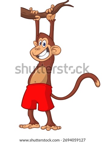 Cartoon funny monkey chimpanzee hanging on a tree branch . Vector illustration isolated on white
