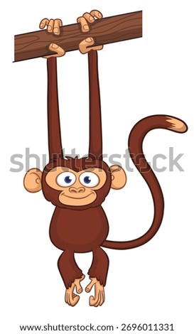 Cartoon funny monkey chimpanzee hanging hand on the tree. Vector illustration isolated on white