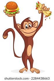 Cartoon funny monkey chimpanzee holding falafel or kebeb in its hands. Vector illustration of happy monkey character design isolated.