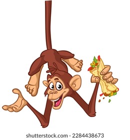 Cartoon funny monkey chimpanzee holding falafel or kebeb in its hands. Vector illustration of happy monkey character design isolated.