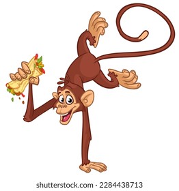 Cartoon funny monkey chimpanzee holding falafel or kebeb in its hands. Vector illustration of happy monkey character design isolated.