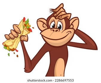 Cartoon funny monkey chimpanzee holding falafel or kebab in his hands. Vector illustration of happy monkey character design isolated.