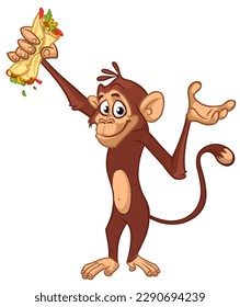 Cartoon funny monkey chimpanzee holding falafel or kebab in his hands. Vector illustration of happy monkey character design isolated.