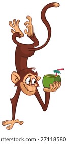 Cartoon funny monkey chimpanzee holding green coconut cocktail and hanging upside down. Vector illustration 