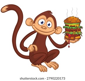 Cartoon funny monkey chimpanzee holding tasty big burger in his hands. Vector illustration of happy monkey design for cafe or streetfood.
