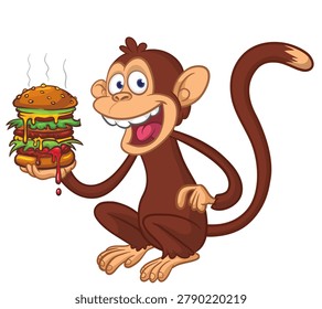 Cartoon funny monkey chimpanzee holding tasty big burger in his hands. Vector illustration of happy monkey design for cafe or streetfood.