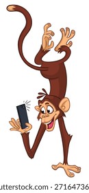 Cartoon funny monkey chimpanzee making selfie with the smartphone. Vector illustration isolated on white