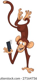 Cartoon lustige Affe Schimpanse machen Selfie mit dem Smartphone. Vektorgrafik einzeln auf Weiß