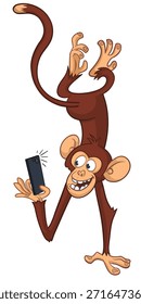 Cartoon funny monkey chimpanzee making selfie with the smartphone. Vector illustration isolated on white