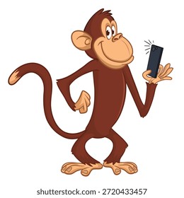 Cartoon funny monkey chimpanzee making selfie with the smartphone. Vector illustration isolated on white
