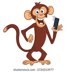 Cartoon lustige Affe Schimpanse machen Selfie mit dem Smartphone. Vektorgrafik einzeln auf Weiß