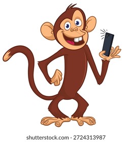Divertido mono chimpancé haciendo selfie con el teléfono inteligente. Ilustración vectorial aislada en blanco