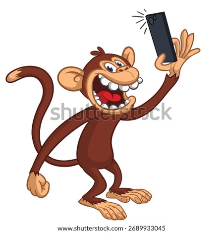 Cartoon funny monkey chimpanzee making a selfie with the phone. Vector illustration isolated on white