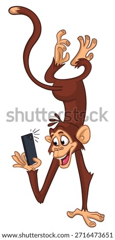 Cartoon funny monkey chimpanzee making selfie with the smartphone. Vector illustration isolated on white