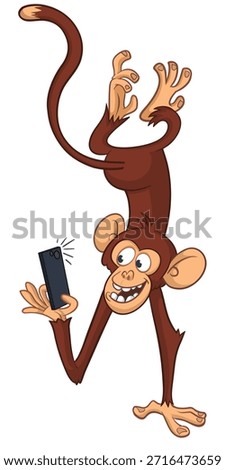 Cartoon funny monkey chimpanzee making selfie with the smartphone. Vector illustration isolated on white