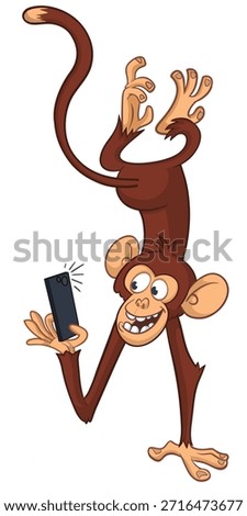 Cartoon funny monkey chimpanzee making selfie with the smartphone. Vector illustration isolated on white