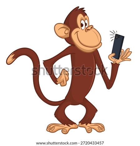Cartoon funny monkey chimpanzee making selfie with the smartphone. Vector illustration isolated on white