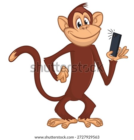 Cartoon funny monkey chimpanzee making selfie with the smartphone. Vector illustration