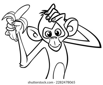 Cartoon funny monkey chimpanzee outlined. Vector illustration of happy monkey character for coloring book. Black and white contours animal.