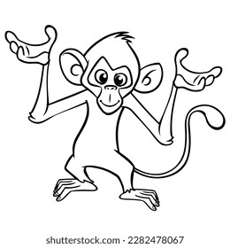 Caricatura graciosa de chimpancé de mono delineado. Ilustración vectorial del personaje de mono feliz para el libro de colorear. Animales de contorno blanco y negro.