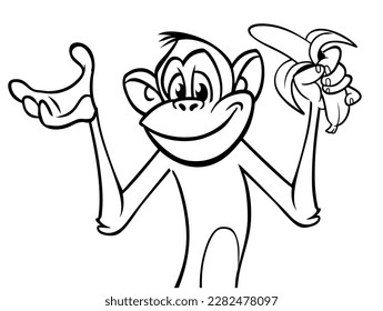 Cartoon funny monkey chimpanzee outlined. Vector illustration of happy monkey character for coloring book. Black and white contours animal.
