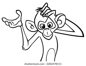 Caricatura graciosa de chimpancé de mono delineado. Ilustración vectorial del personaje de mono feliz para el libro de colorear. Animales de contorno blanco y negro.