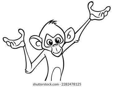 Cartoon funny monkey chimpanzee outlined. Vector illustration of happy monkey character for coloring book. Black and white contours animal.