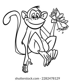 Caricatura graciosa de chimpancé de mono delineado. Ilustración vectorial del personaje de mono feliz para el libro de colorear. Animales de contorno blanco y negro.