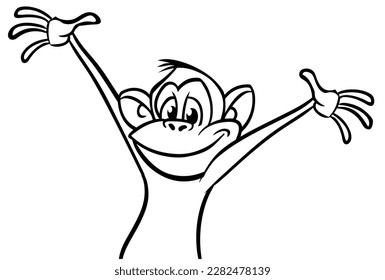 Cartoon funny monkey chimpanzee outlined. Vector illustration of happy monkey character for coloring book. Black and white contours animal.