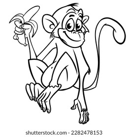 Cartoon funny monkey chimpanzee outlined. Vector illustration of happy monkey character for coloring book. Black and white contours animal.