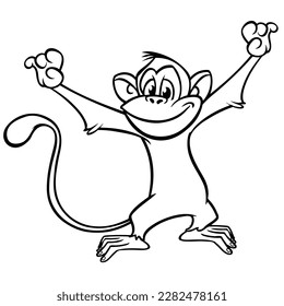 Cartoon funny monkey chimpanzee outlined. Vector illustration of happy monkey character for coloring book. Black and white contours animal.