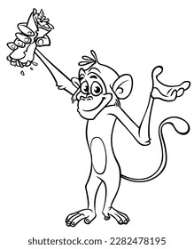 Cartoon funny monkey chimpanzee outlined. Vector illustration of happy monkey character for coloring book. Black and white contours animal.