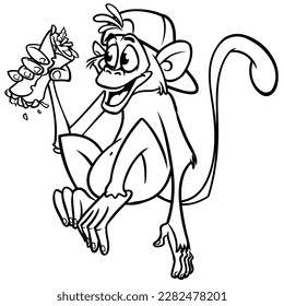 Cartoon funny monkey chimpanzee outlined. Vector illustration of happy monkey character for coloring book. Black and white contours animal.