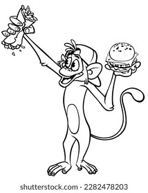Cartoon funny monkey chimpanzee outlined. Vector illustration of happy monkey character for coloring book. Black and white contours animal.