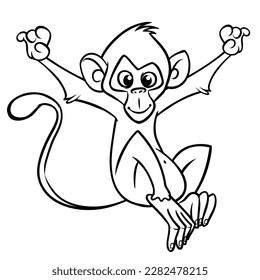 Cartoon funny monkey chimpanzee outlined. Vector illustration of happy monkey character for coloring book. Black and white contours animal.