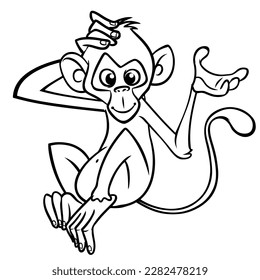 Cartoon funny monkey chimpanzee outlined. Vector illustration of happy monkey character for coloring book. Black and white contours animal.