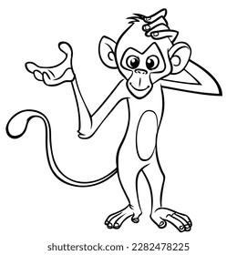 Cartoon funny monkey chimpanzee outlined. Vector illustration of happy monkey character for coloring book. Black and white contours animal.