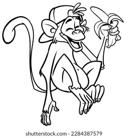 Caricatura graciosa de chimpancé de mono delineado. Ilustración vectorial del personaje de mono feliz para el libro de colorear. Animales de contorno blanco y negro.