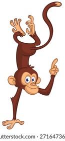 Cartoon funny monkey chimpanzee pointing finger. Vector illustration isolated on white
