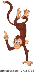 Cartoon funny monkey chimpanzee pointing finger. Vector illustration isolated on white