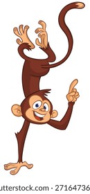 Dibujos animados divertidos mono chimpancé señalando con el dedo. Ilustración vectorial aislada en blanco