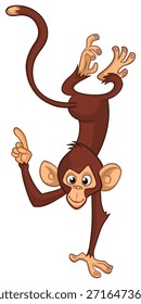 Dibujos animados divertidos mono chimpancé señalando con el dedo. Ilustración vectorial aislada en blanco