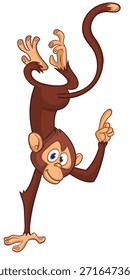Dibujos animados divertidos mono chimpancé señalando con el dedo. Ilustración vectorial aislada en blanco
