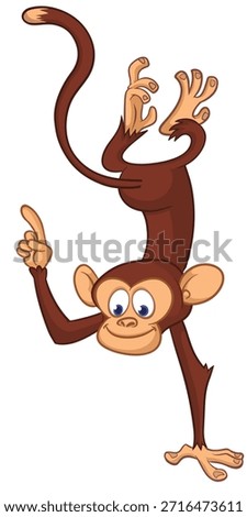 Cartoon funny monkey chimpanzee pointing finger. Vector illustration isolated on white