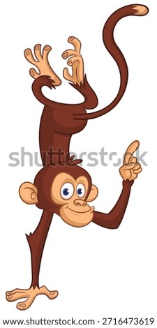 Cartoon funny monkey chimpanzee pointing finger. Vector illustration isolated on white