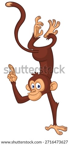 Cartoon funny monkey chimpanzee pointing finger. Vector illustration isolated on white